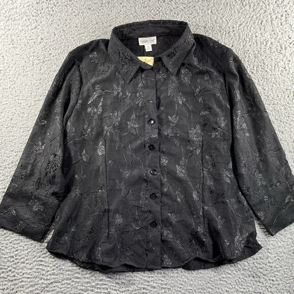 COLDWATER CREEK BLOUSE WOMENS PETITE PXL BLACK FLORAL BUTTON NWT NEW COLLARED - Picture 1 of 8